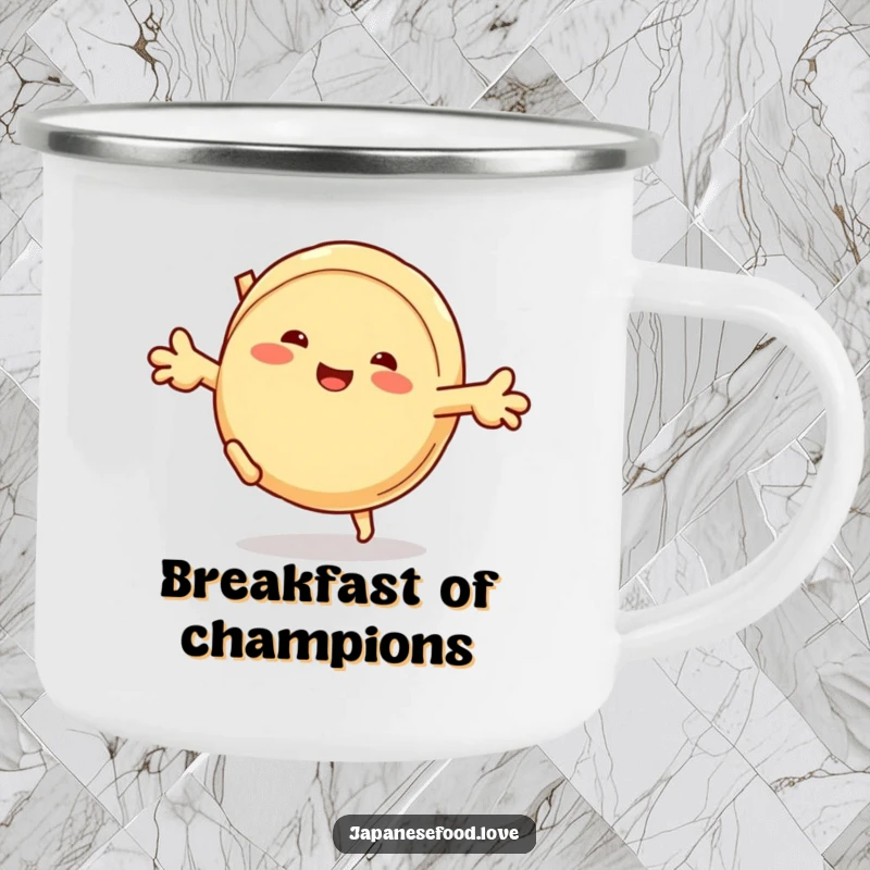 Funny camping mug featuring a grinning steamed bun character mid-cartwheel, perfect for outdoor fun and laughter.