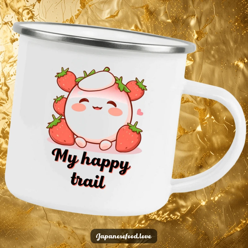 Funny Camping Mug featuring a happy strawberry mochi with rosy cheeks, giggling heartily, ready for any outdoor adventure.