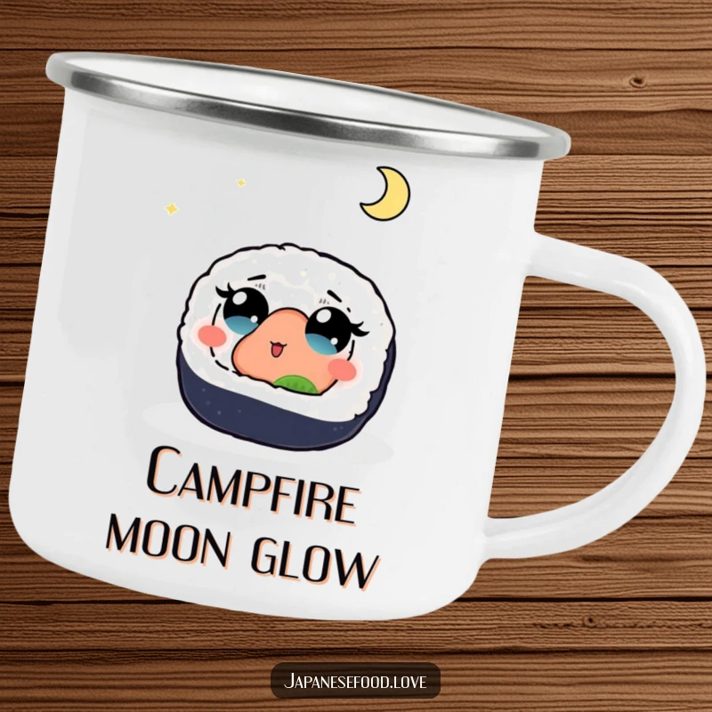 Funny enamel camping mug featuring a sushi roll with wide, wondering eyes gazing up at a beautiful moon, perfect for adding whimsical charm.