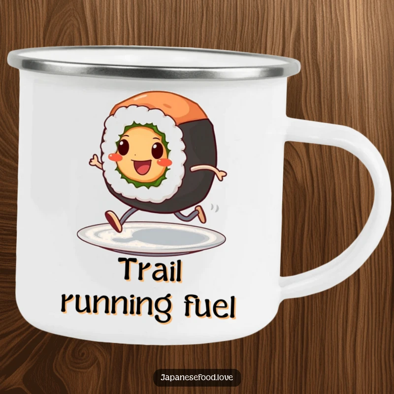 Funny camping mug with a cheerful sushi roll character with tiny legs, sprinting across a plate, bringing food humor outdoors.