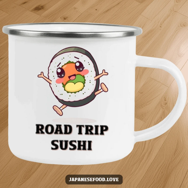 Funny camping mug showing a sushi roll character with googly eyes doing cartwheels, ready for outdoor enjoyment and laughter.