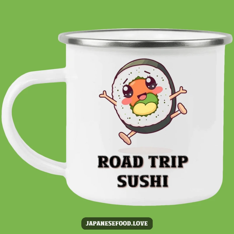 Funny Sushi Roll Cartwheel Camping Mug: Campfire Fun with Rolling Food