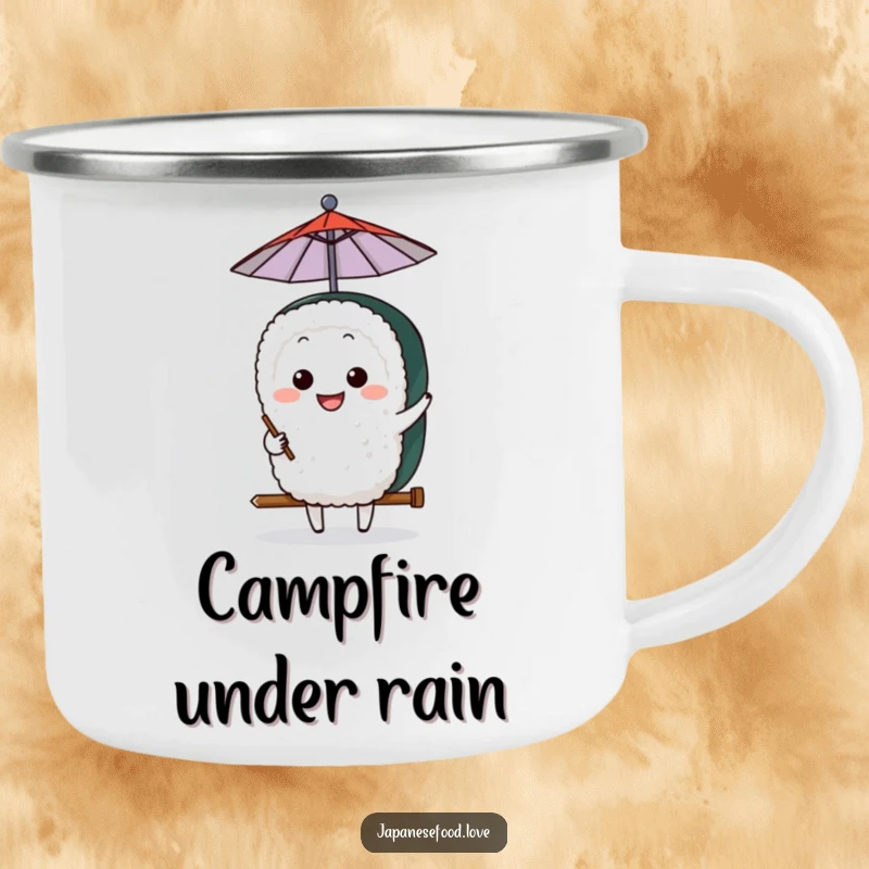 Funny Sushi Umbrella Camping Mug: A grinning sushi character humorously balances a small umbrella, perfect for drinks in the wild.