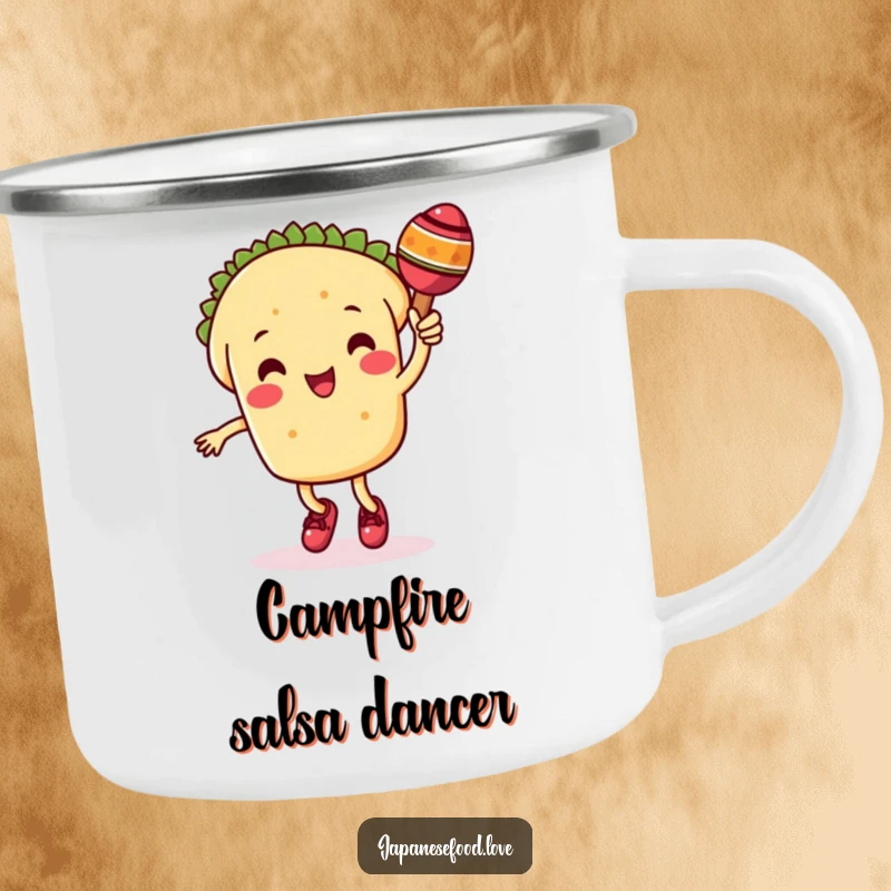 Funny taco camping mug with a cute taco character dancing and shaking a maraca, perfect for outdoor fiestas.
