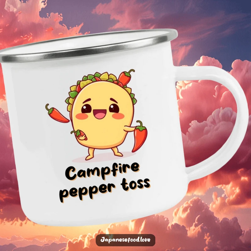 Funny camping mug featuring a smiling taco awkwardly juggling three chili peppers, ideal for enjoying spicy food outdoors.