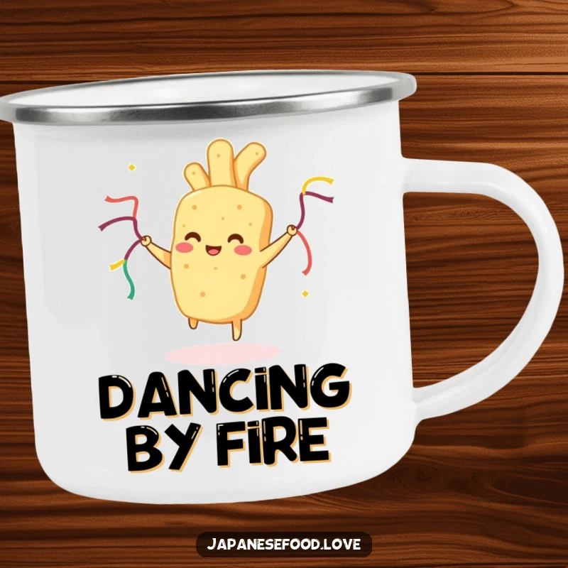 Funny Tempura Camping Mug: Rugged mug with happy fried food dancing with streamers, perfect for humorous outdoor sipping.