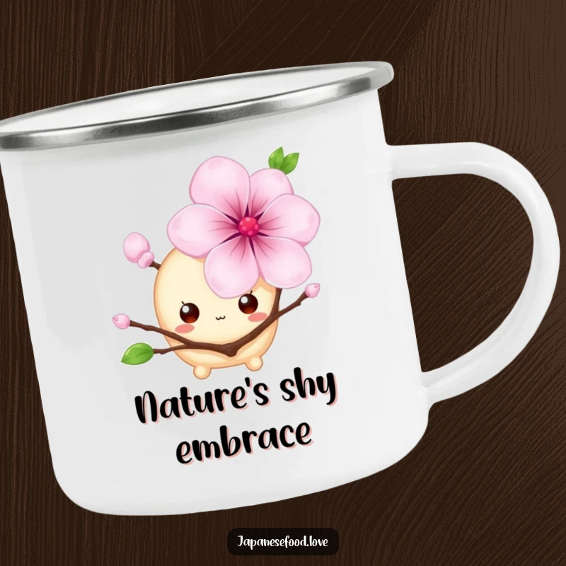 Funny camping mug with a shy mochi character, big eyes hiding behind a cherry blossom, a cute and humorous design for outdoor adventures, a great funny gift.