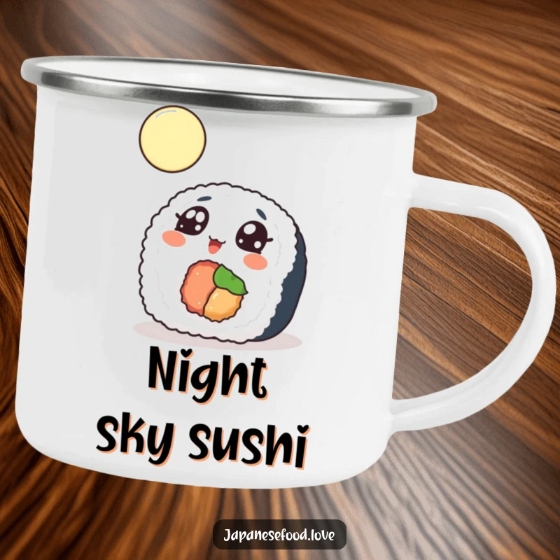 Funny Camping Mug featuring a sushi roll gazing at the moon, perfect for enjoying drinks under the stars with humor.