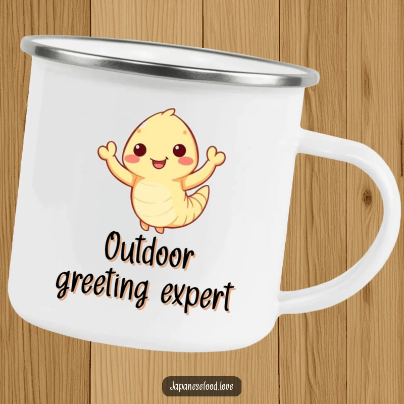 Funny Waving Tempura Shrimp Camping Mug: Happy tempura shrimp with tiny arms waves enthusiastically, outdoor cup, seafood humor, funny gift.