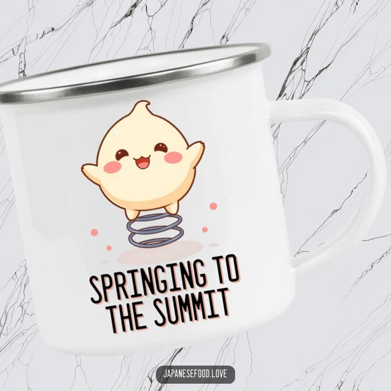 Funny camping mug with a delighted mochi character joyfully bouncing on a spring, ready for outdoor fun.