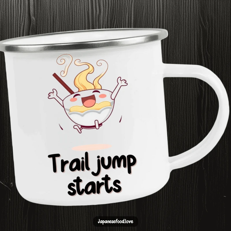 Durable camping mug featuring a joyful leaping ramen bowl with swirling steam, perfect for outdoor dining.
