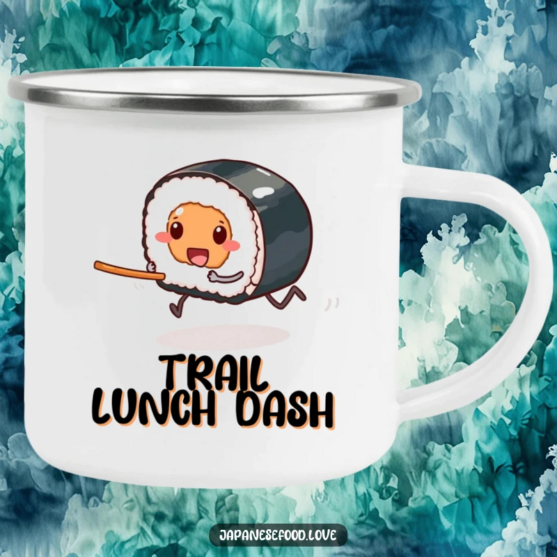Funny camping mug featuring a sushi piece with tiny legs racing towards a chopstick, designed for foodies who enjoy adventures.
