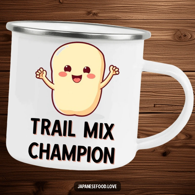 Funny camping mug featuring a smiling tempura piece with small arms waving energetically, perfect for outdoor enthusiasts.