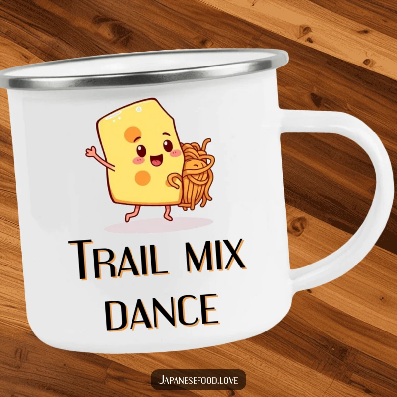 Durable camping mug featuring a funny cheese slice dancing with a noodle friend, perfect for outdoor fun.