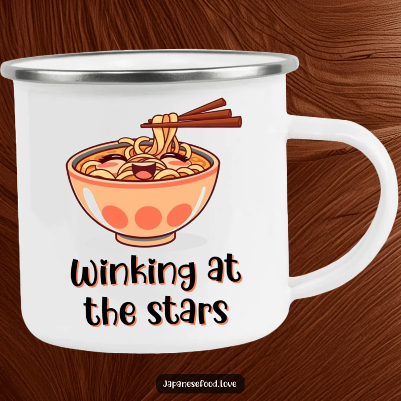 Funny camping mug with a ramen bowl and chopsticks playfully winking, ready for outdoor noodle enjoyment.