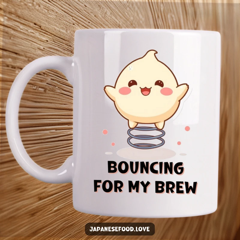 Funny mug showcasing a delighted mochi character joyfully bouncing high on a spring, radiating pure happiness.