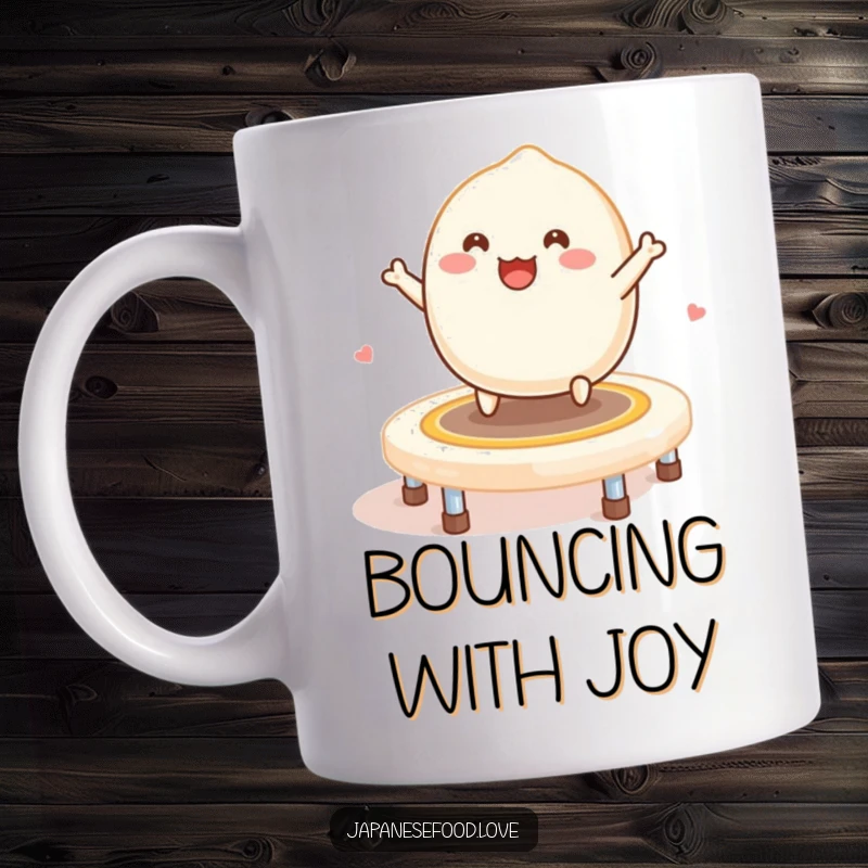 Funny Mochi Trampoline Mug: A smiling mochi bounces happily on a trampoline made entirely of mochi.