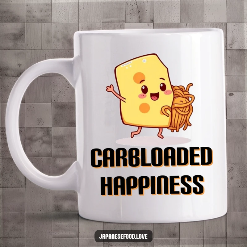 Funny slice of cheese on legs joyfully dancing with a spaghetti noodle friend on a ceramic mug.