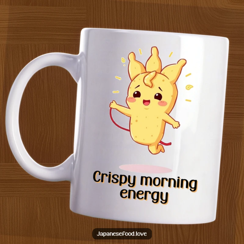 Funny mug showing a radiant piece of tempura happily jumping rope with its own crispy strand, full of energy.