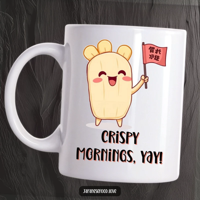 Funny mug featuring a joyous tempura piece character energetically waving a small flag, embodying pure excitement and celebration.
