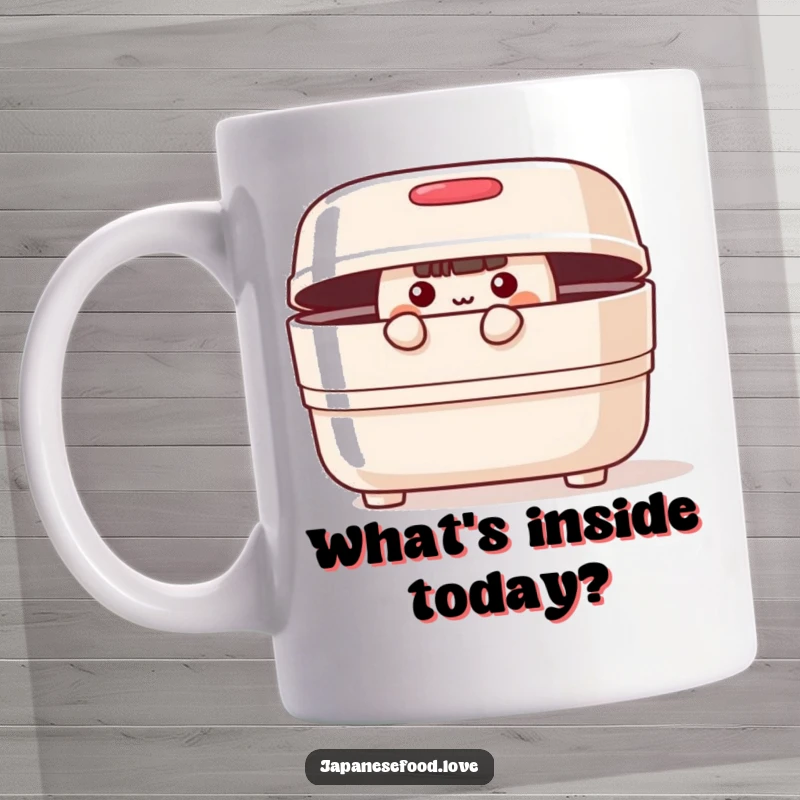 Funny cheerful bento box with lid ajar, peeking out curiously on a mug, a whimsical food-themed item.