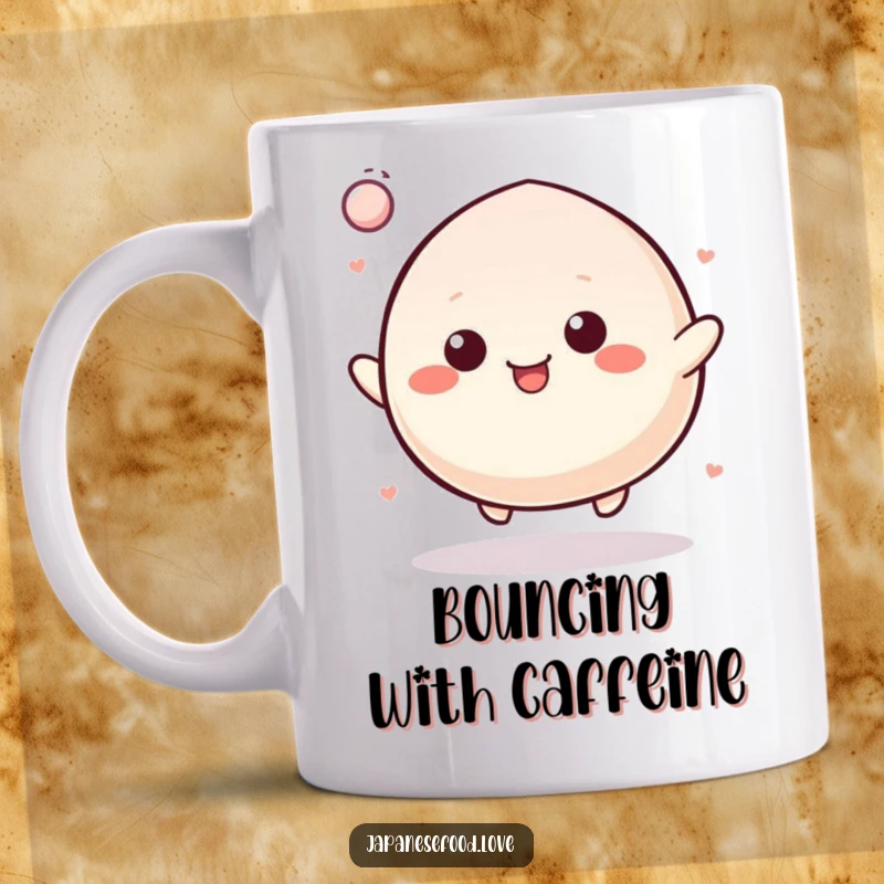 Funny Mug showing a cheerful mochi character energetically bouncing like a rubber ball, radiating pure joy and playful energy.