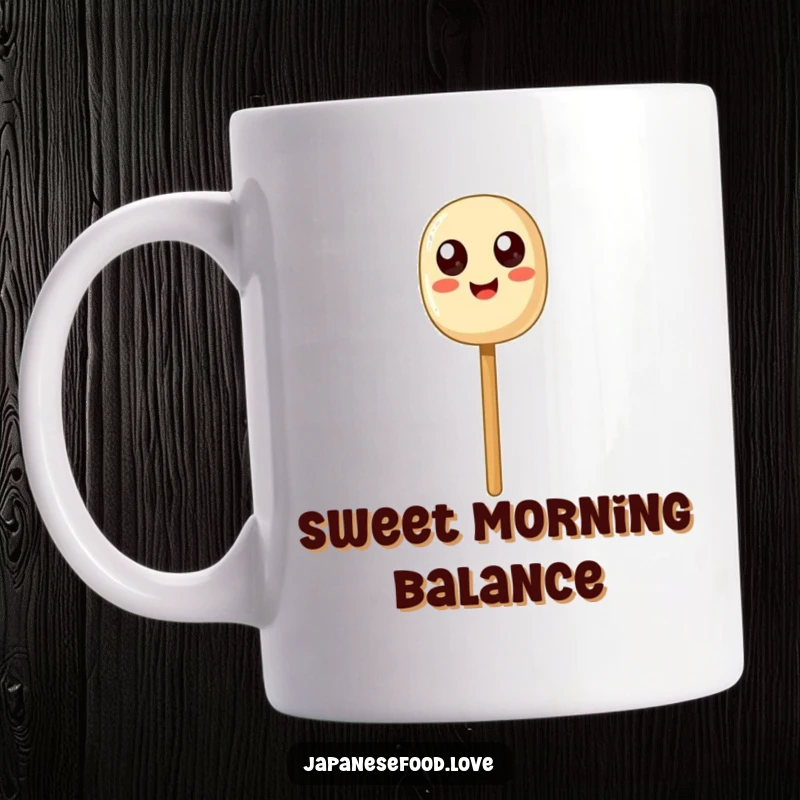 Funny Dango Balance Mug: A happy dango skewer with exaggerated eyes hilariously balancing on a chopstick.