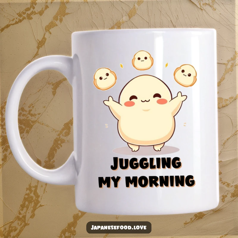 Funny mug depicting a plump dumpling character happily juggling three glowing dumplings with an expression of pure delight.