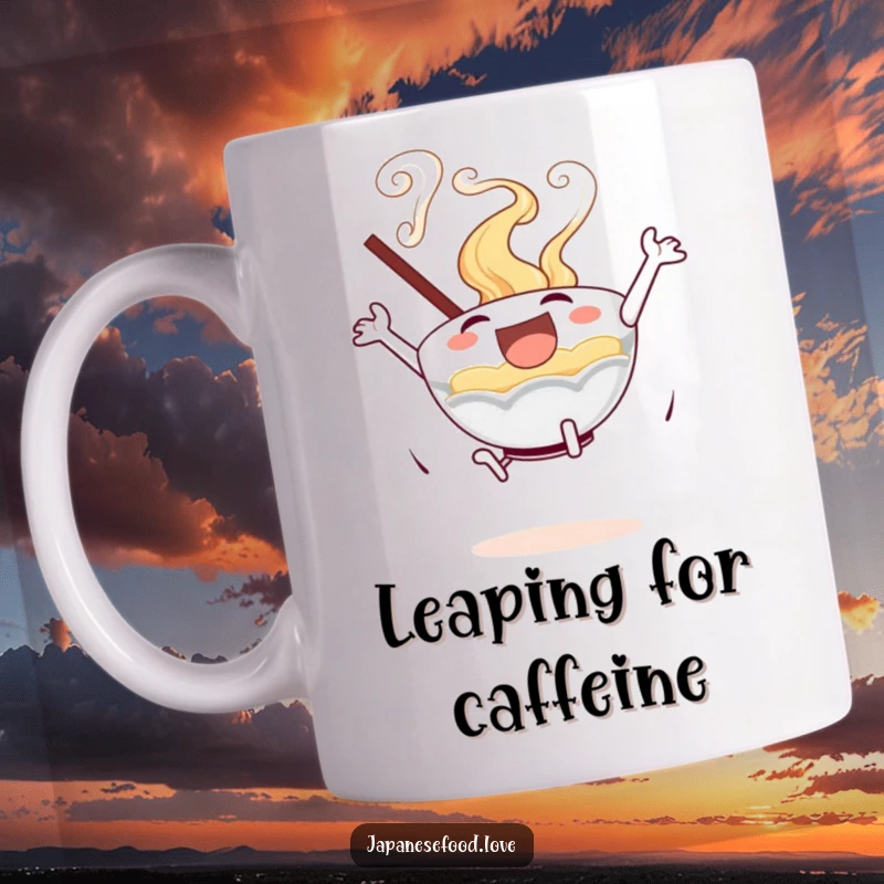 Funny, excited ramen bowl with swirling steam performing a joyful leap on a cheerful ceramic mug.