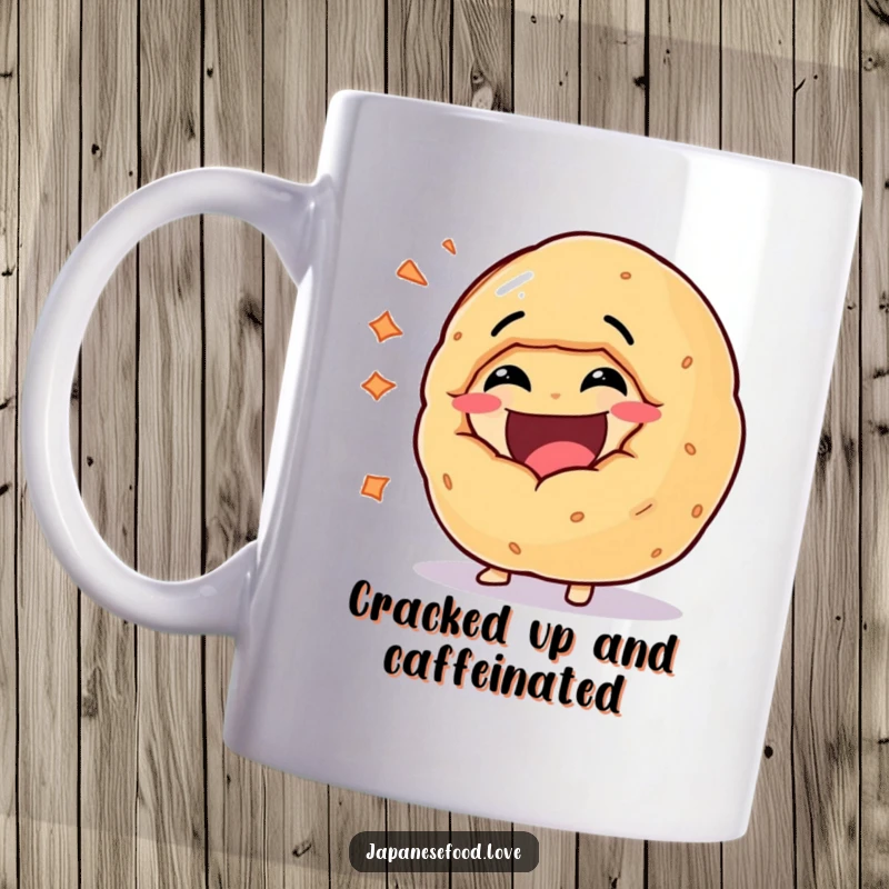 Funny mug showing a giant fortune cookie character exploding with joyous laughter, its face crinkled in amusement and happiness.