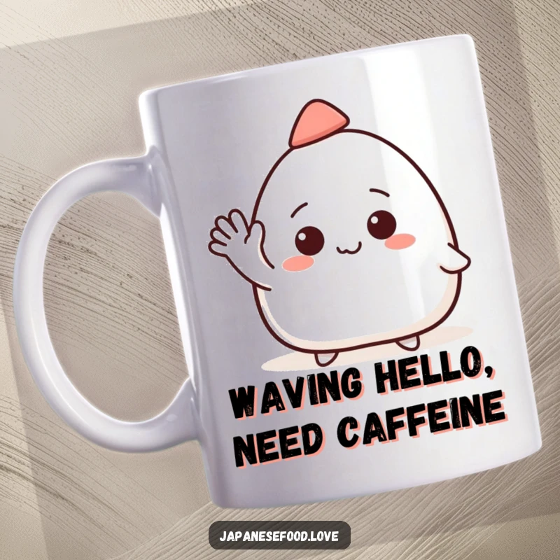 Funny mug showcasing a smiling onigiri character wearing a tiny hat, waving enthusiastically with a friendly greeting.