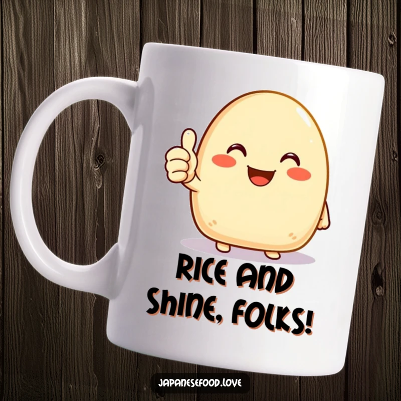 Funny onigiri mug featuring a joyous rice ball character giving a cheerful thumbs up, radiating happiness and positivity.