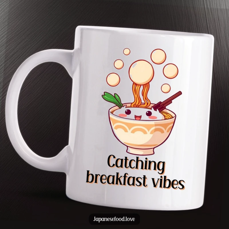 Funny mug showing a happy ramen bowl character leaping to catch floating dango balls, capturing playful energy.
