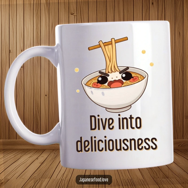 Funny Ramen Bowl Mug: A cute, determined ramen bowl mid-dive, looking comically serious on this hilarious mug.