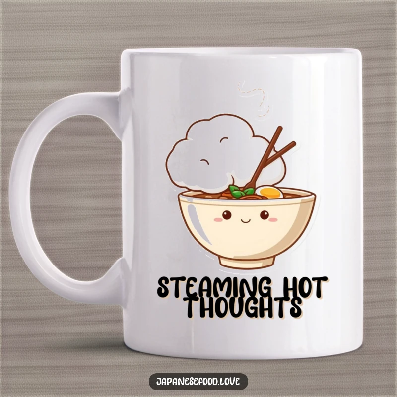 Funny mug showing a shy ramen bowl peeking out cautiously from behind a large, fluffy steaming cloud, looking bashful.