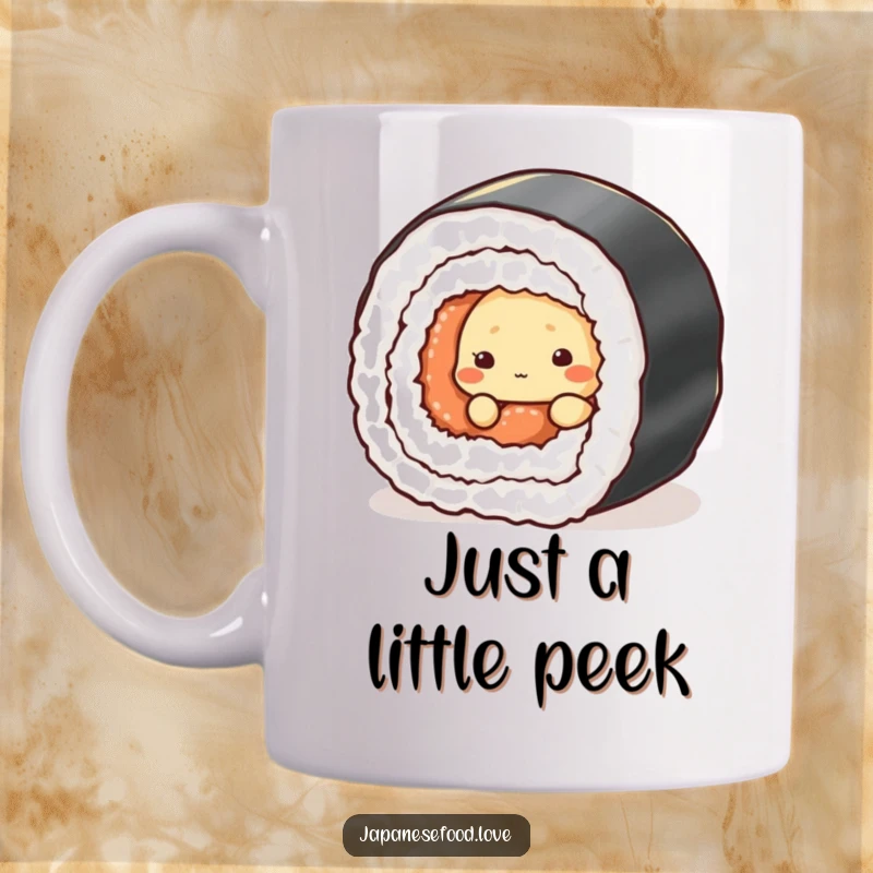 Funny mug featuring a shy tempura piece peeking playfully from behind a massive sushi roll, conveying introverted charm.