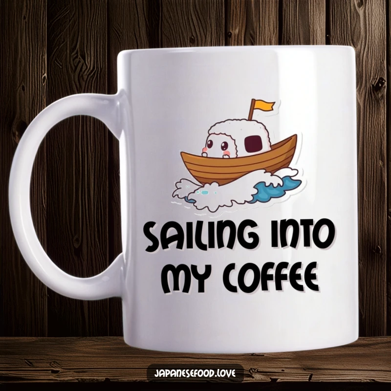 Funny mug depicting a sushi boat character joyfully sailing on a small, foamy wave, embodying a happy maritime journey.