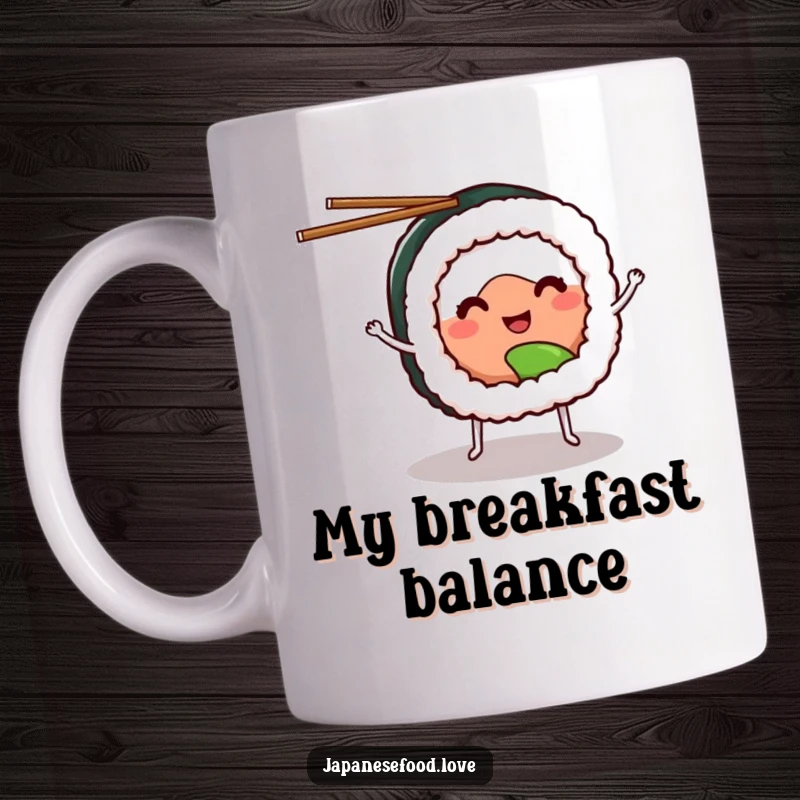 Funny sushi mug featuring a smiling sushi roll with tiny legs, happily juggling chopsticks, bringing culinary joy.