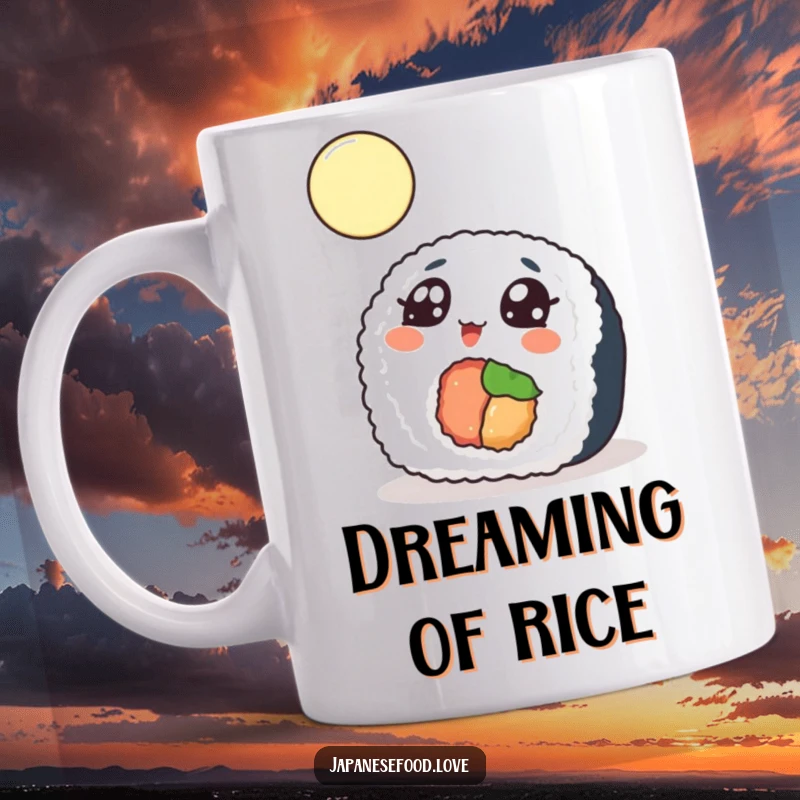 Funny Mug featuring a sushi roll with wide, wondering eyes gazing up at a moon, evoking playful curiosity.