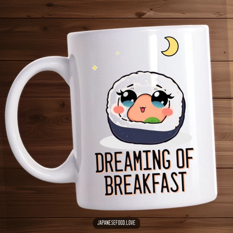 Funny mug showing a cute sushi roll with big, wonder-filled eyes staring amazed up at a radiant full moon in a starry night sky.