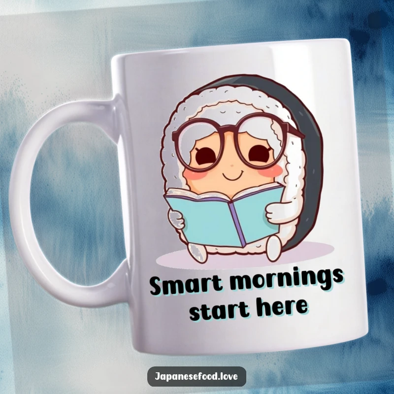Funny Sushi Mug: Smiling sushi roll wearing spectacles reads a book, embodying intellectual and humorous charm.