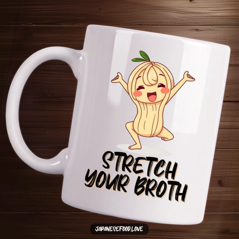 Funny wobbly ramen noodle mug, a character in a stretchy yoga pose, humorous food and wellness design for relaxing moments.