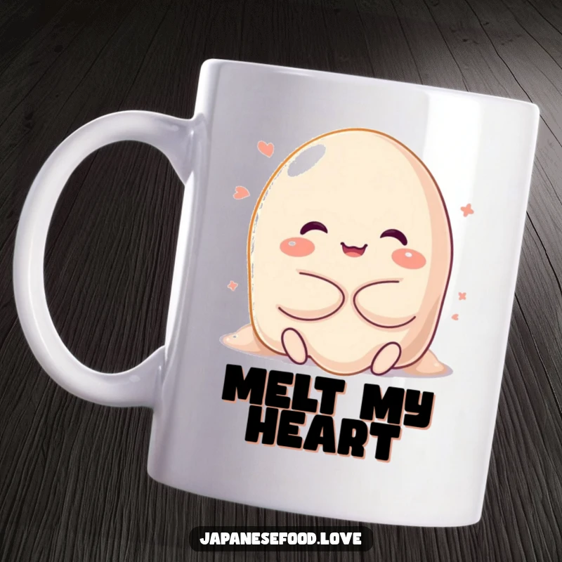 Funny mug featuring a happy, sweet mochi character melting into a soft, gooey hug, radiating warmth and adorable affection.