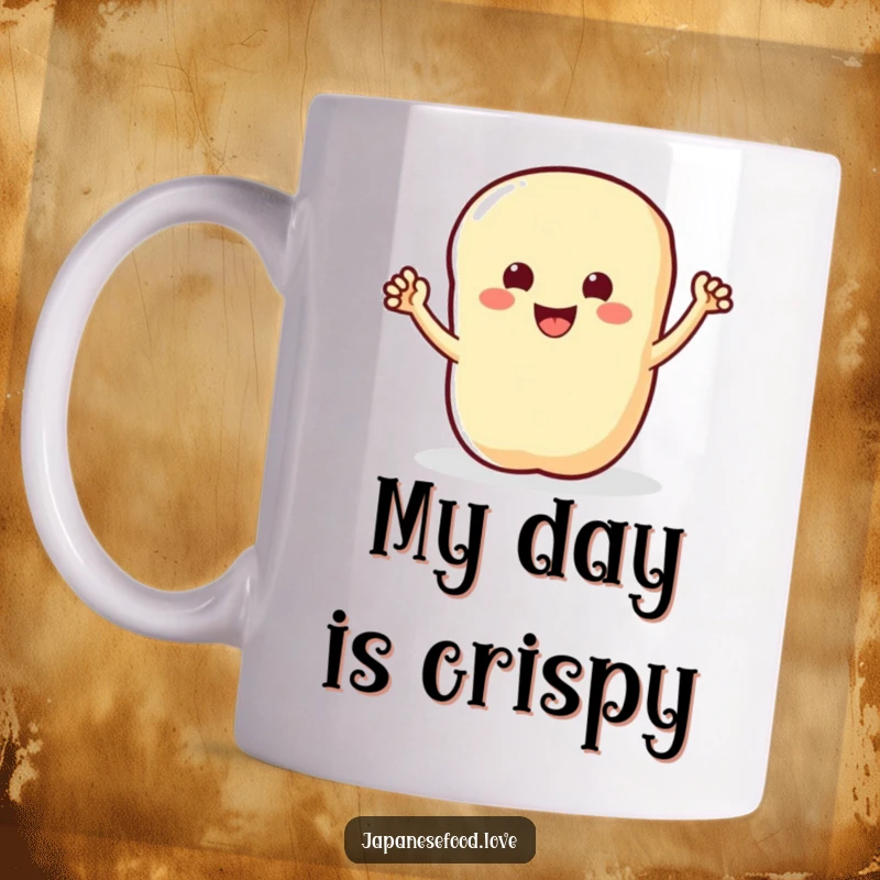 Funny mug featuring a smiling tempura shrimp with tiny arms waving energetically, radiating pure, edible happiness.