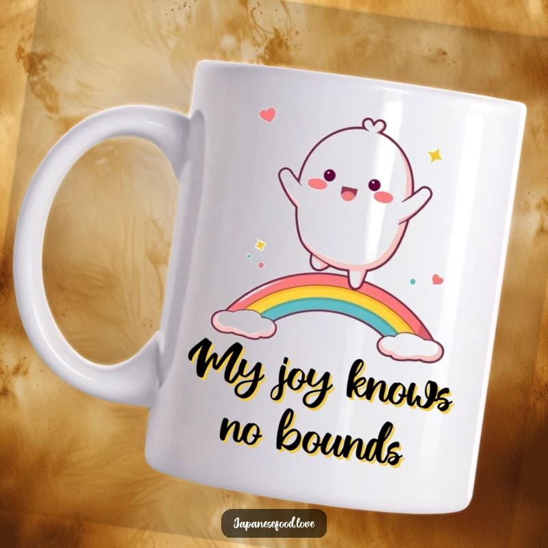 Funny mochi character dancing energetically on a vibrant rainbow, bringing smiles to all who see it.