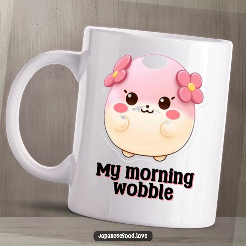 Funny mug of a wobbly sakura mochi character wobbling with pure, unadulterated delight, perfect for a whimsical kitchen.