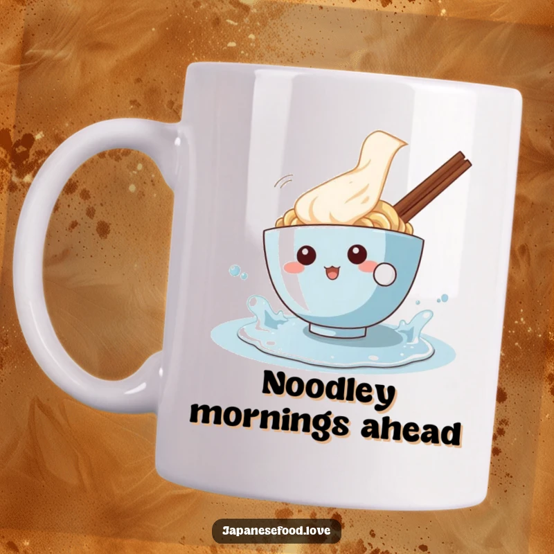 Funny mug featuring a cheerful ramen bowl character playfully splashing water in a puddle, embodying carefree joy.