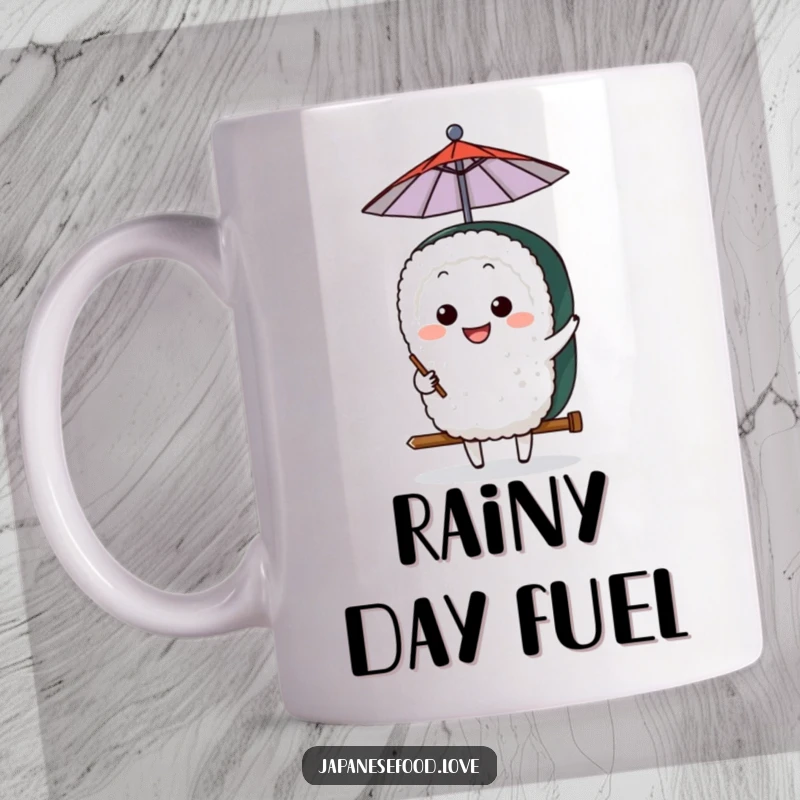Funny Sushi Umbrella Mug: A grinning sushi character humorously balances a tiny umbrella, bringing cheerful protection and smiles.