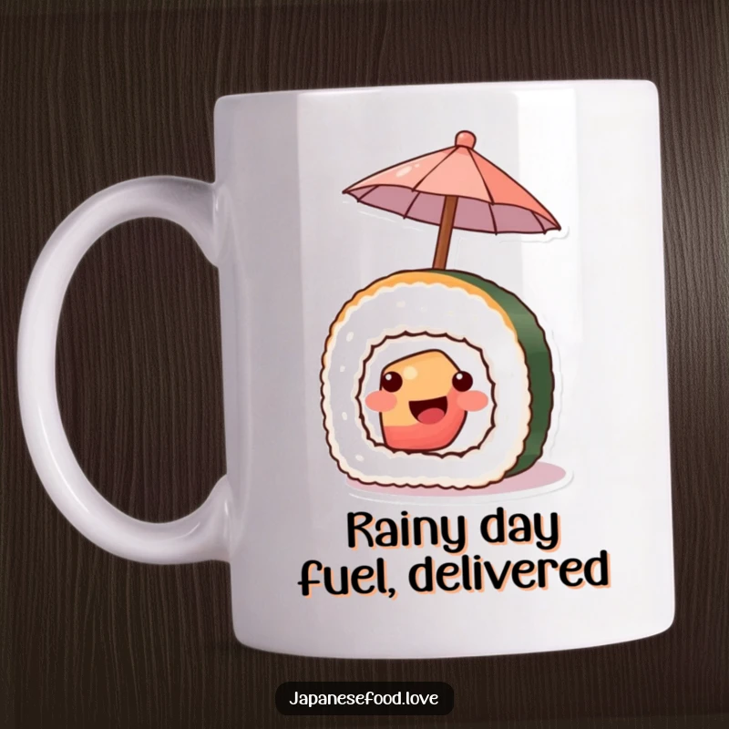 Funny mug featuring a smiling piece of sushi holding a tiny umbrella, offering protection with a grin.