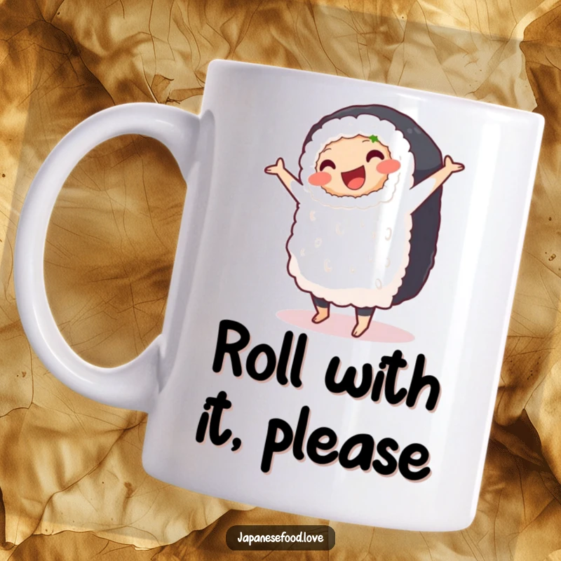 Funny mug with a plump, smiling sushi roll performing a clumsy pirouette, showcasing food-themed humor.